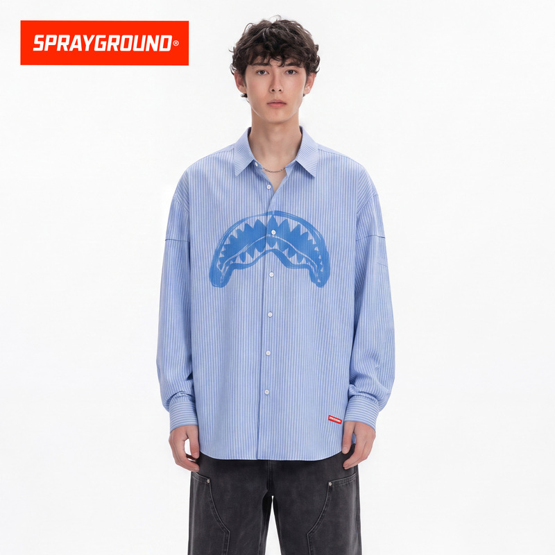 Sprayground Shark Mouth American Style Cool Print Blue Striped Shirt Loose Casual Lapel Long Sleeve Shirt