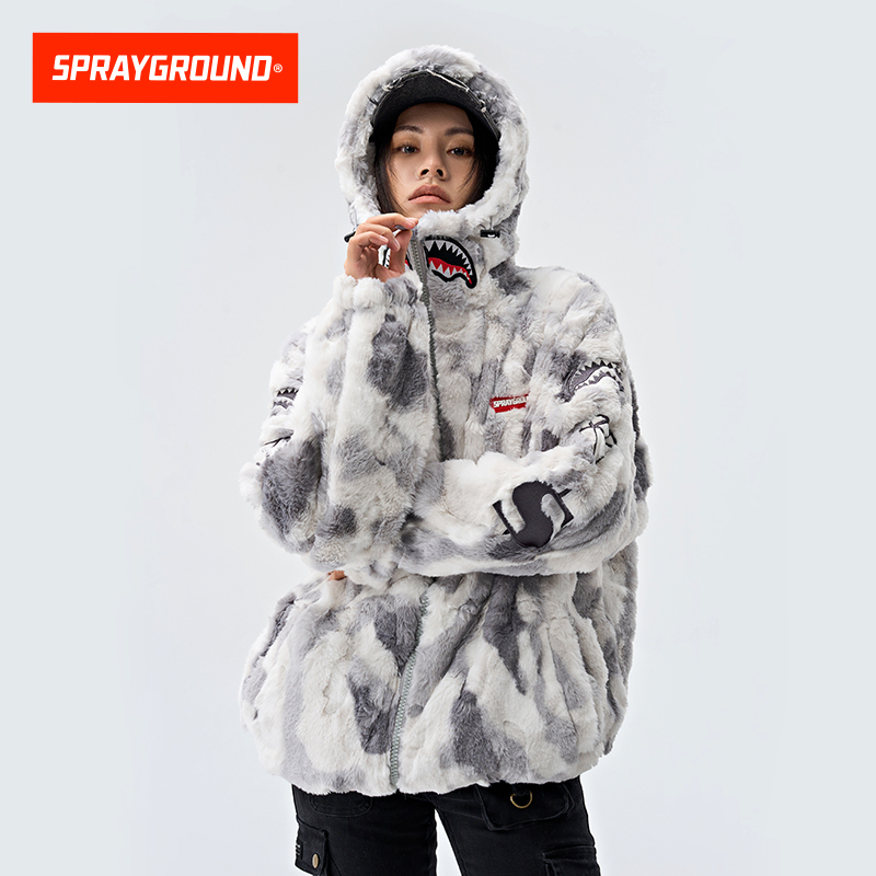Sprayground Shark Mouth Plush Cotton Jacket for Men and Women, Autumn and Winter Warm Coat, Couple's Thick Hooded Cotton Clothing, Trendy