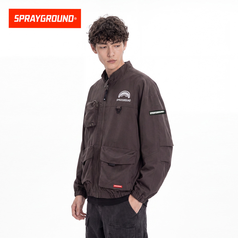Sprayground Shark Mouth American-Style Functional Jacket with Multiple Pockets, Stand Collar, Drop Shoulder, Loose Casual Workwear Jacket
