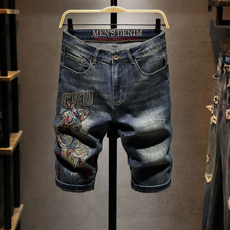 Summer Koi Fish Embroidered Denim Shorts for Men, Straight-Leg Mid-Length Pants, Thin and Stretchy, Summer Casual Capri Pants