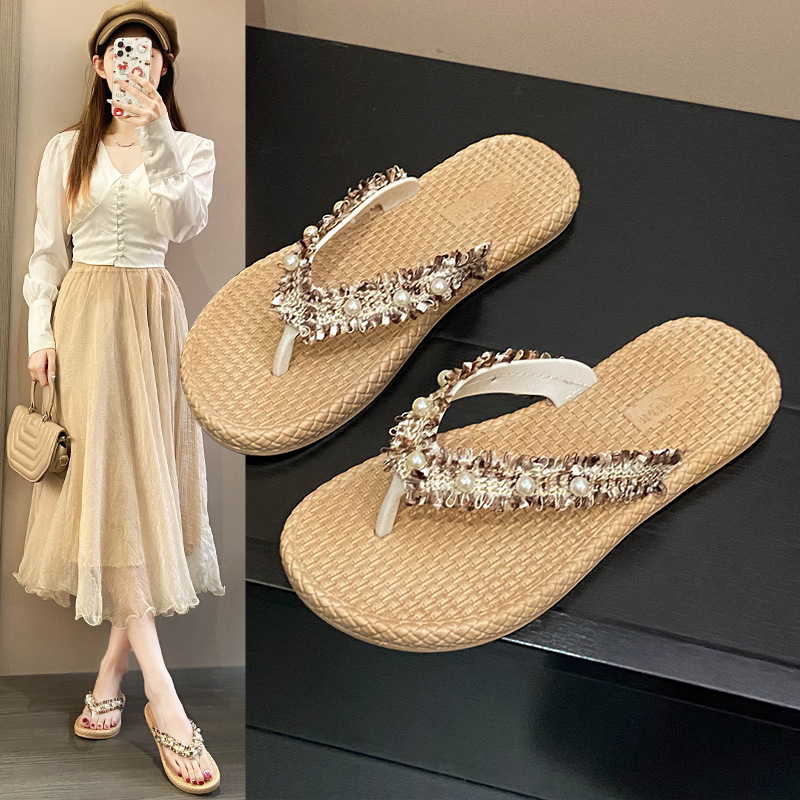 Grass-Woven Linen Flat Flip-Flops with Pearls and Rhinestones, Summer Beach Non-Slip Thong Sandals