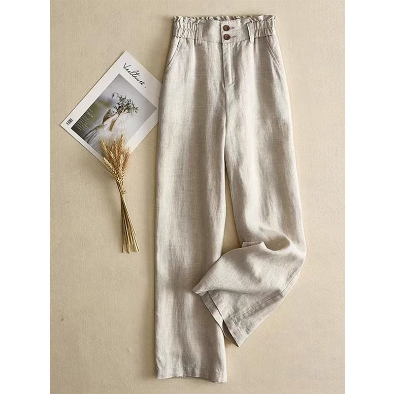 High-End Linen-Cotton Casual Wide-Leg Pants for Middle-Aged Mothers, Very Stylish High-Waisted Loose Slimming Straight-Leg Pants for Women in Summer