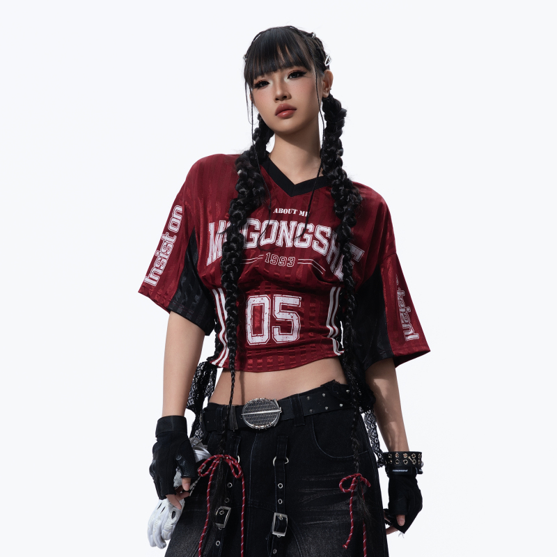 Mogongshe* American Style Spicy Girl V-Neck Top Women's Jersey Style Shirt with Contrasting Color Splicing Summer Versatile Short-Sleeve T-Shirt Mogongshe* American Style Spicy Girl V-Neck Top Women's Jersey Style Shirt with Contrasting Color Splicing Summer Versatile Short-Sleeve T-Shirt