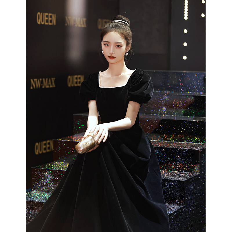 Black Evening Dress for Women, Elegant and Luxurious, Niche French Velvet, Suitable for Hostess, High-End Performance, Long Style
