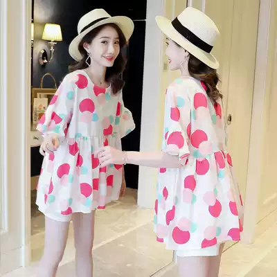 Pregnant women's summer suit net red casual doll shirt top belly shorts pregnant women's suit summer out fashion