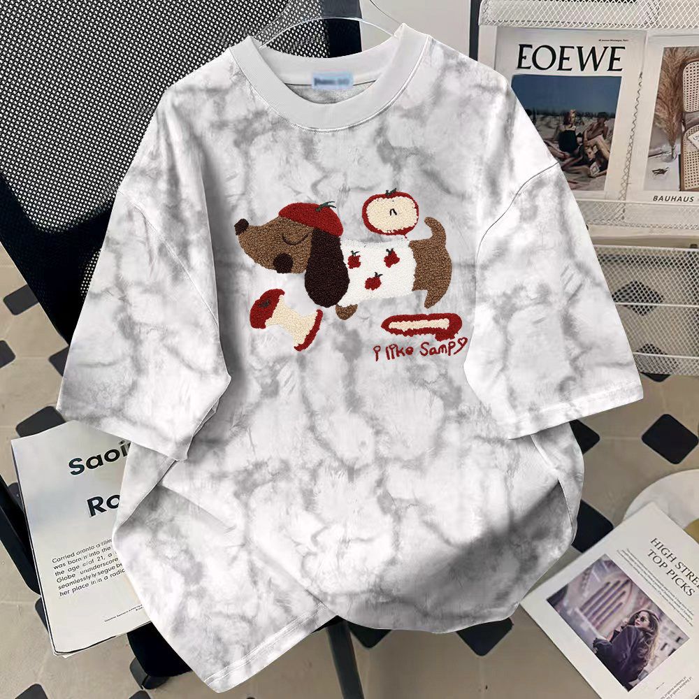 新款时尚休闲简约宽松潮流气质高级感扎染男女短袖复古慵懒风上衣