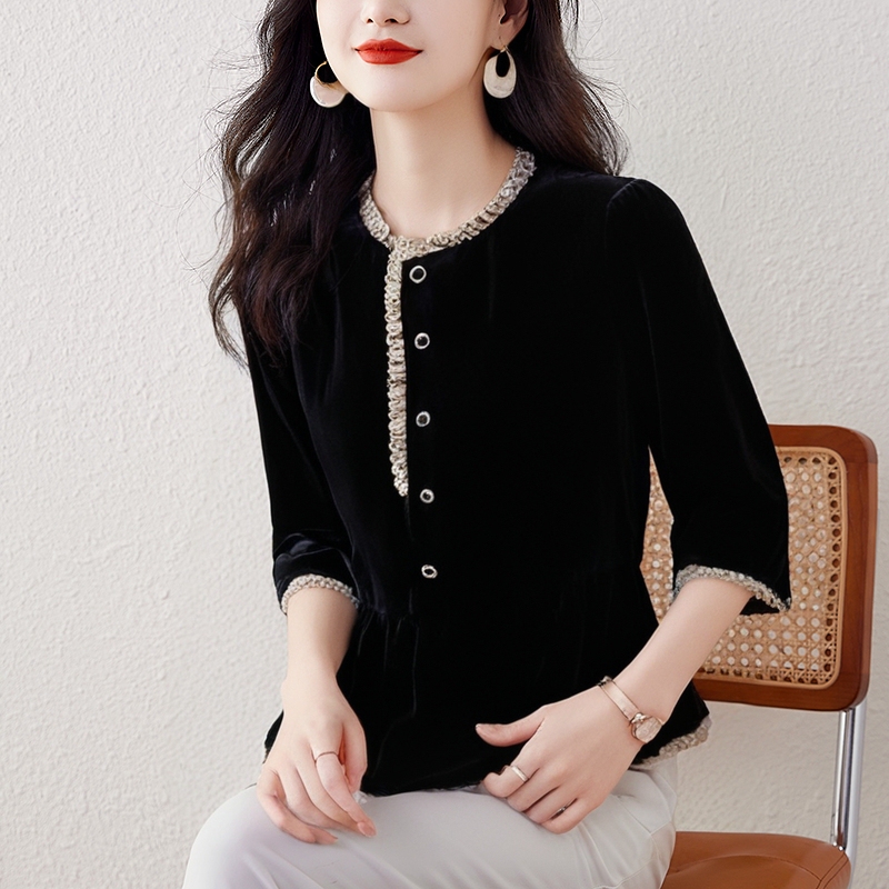 Velvet Top, New High-End Half-Sleeved Gold Velvet Shirt for Women, Light Luxury, High-End Feel, Age-Reducing, Stylish Outerwear to Cover the Belly