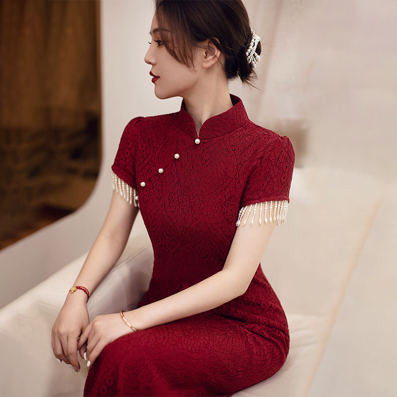 Chinese cheongsam toast dress bride 2022 new retro lace engagement back door dress female long version can be worn at ordinary times