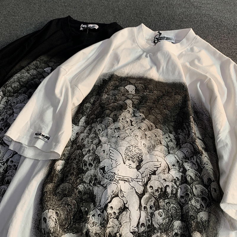 National tide hip hop vibe wind dark skeleton angel print short sleeves t shirt men and women loose high street half sleeves in coat