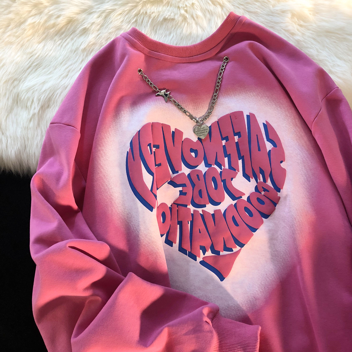 hiphop American retro long sleeve gradual layer of love necropolis with female chic port Wind fried street design with a small crowdsourced blouses