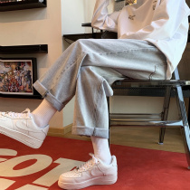 Light color High waist jeans Straight Drum Chic Harbor Wind Pants Tide Ins Loose slim 100 Lap Broadleg Old Daddy Pants