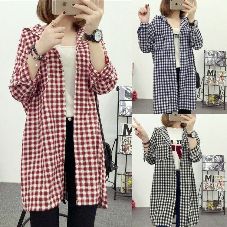 MG Little Elephant Spring Women's Korean Version Loose Mid-Length Hooded Cotton Linen Plaid Long Sleeve Shirt Student Casual Shirt