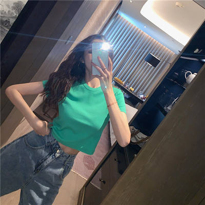 Hong Kong-style retro solid color versatile short-sleeved T-shirt for women 2026 summer new high-waisted short crop top for slimming women
