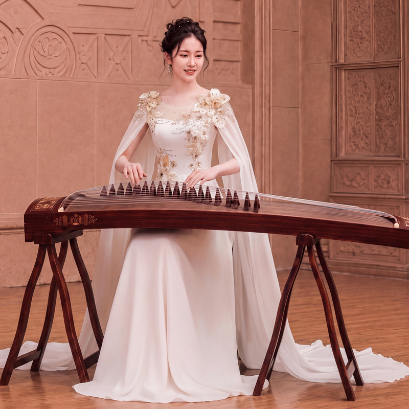 New Chinese-Style Water-Sleeve Guzheng Performance Costume, Champagne-Colored Stage Performance Solo Costume, Classical Musical Instrument Dress for Women