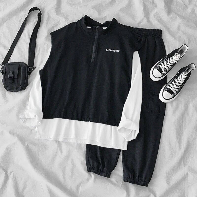 ins Harajuku fashion suit early autumn 2019 new women's Korean version of the Hong Kong taste of Foreign school vest T-shirt overalls tide