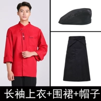 Красный лонгслив, фартук, шапка