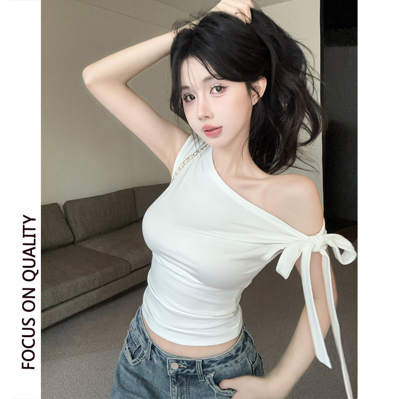 辣妹露肩短袖t恤女夏季2025新款蝴蝶结系带修身显身材茶艺风上衣