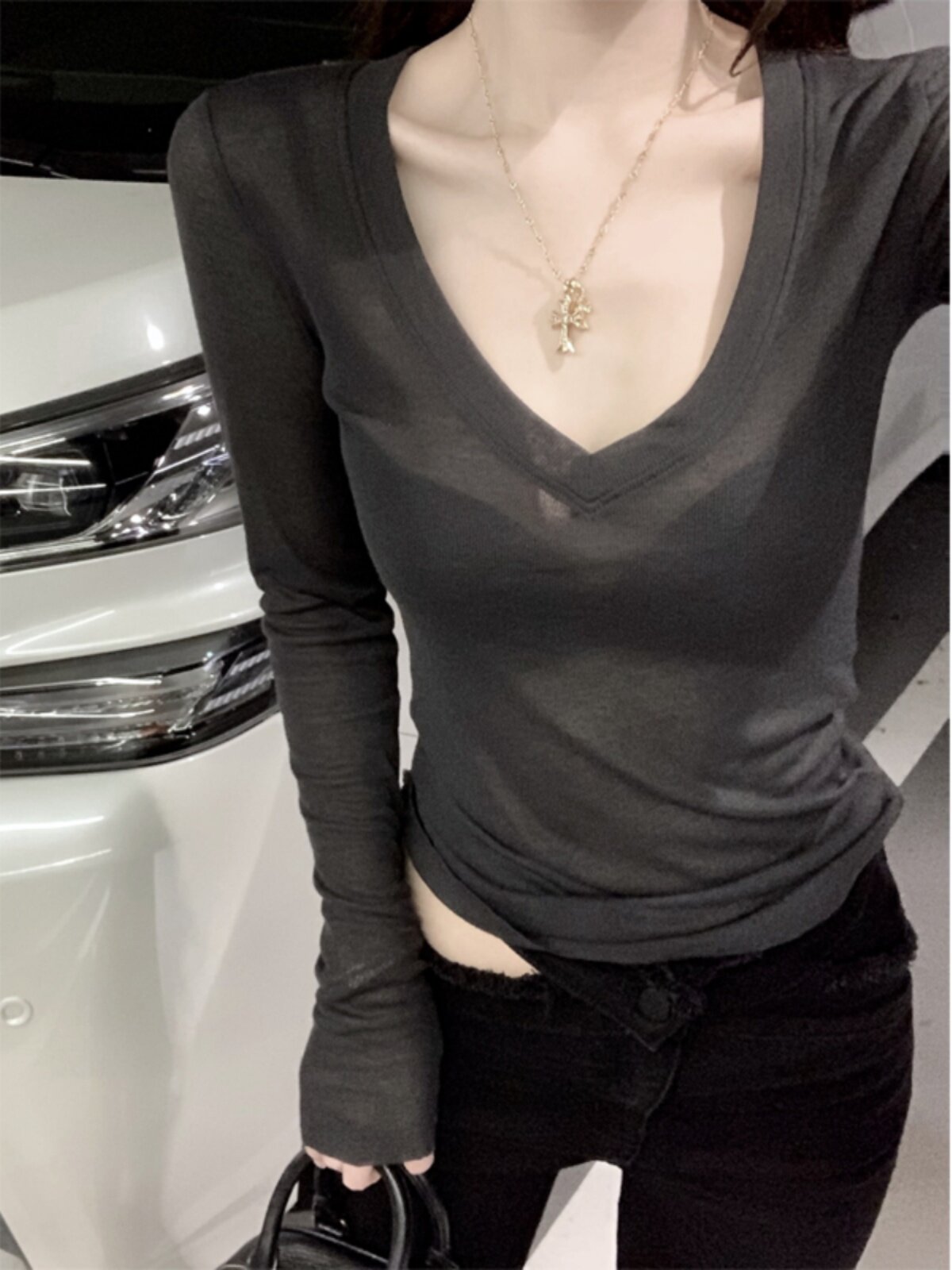 罩衫面膜打底衫长袖t恤女秋冬2025新款纯欲微透内搭深v领茶艺上衣