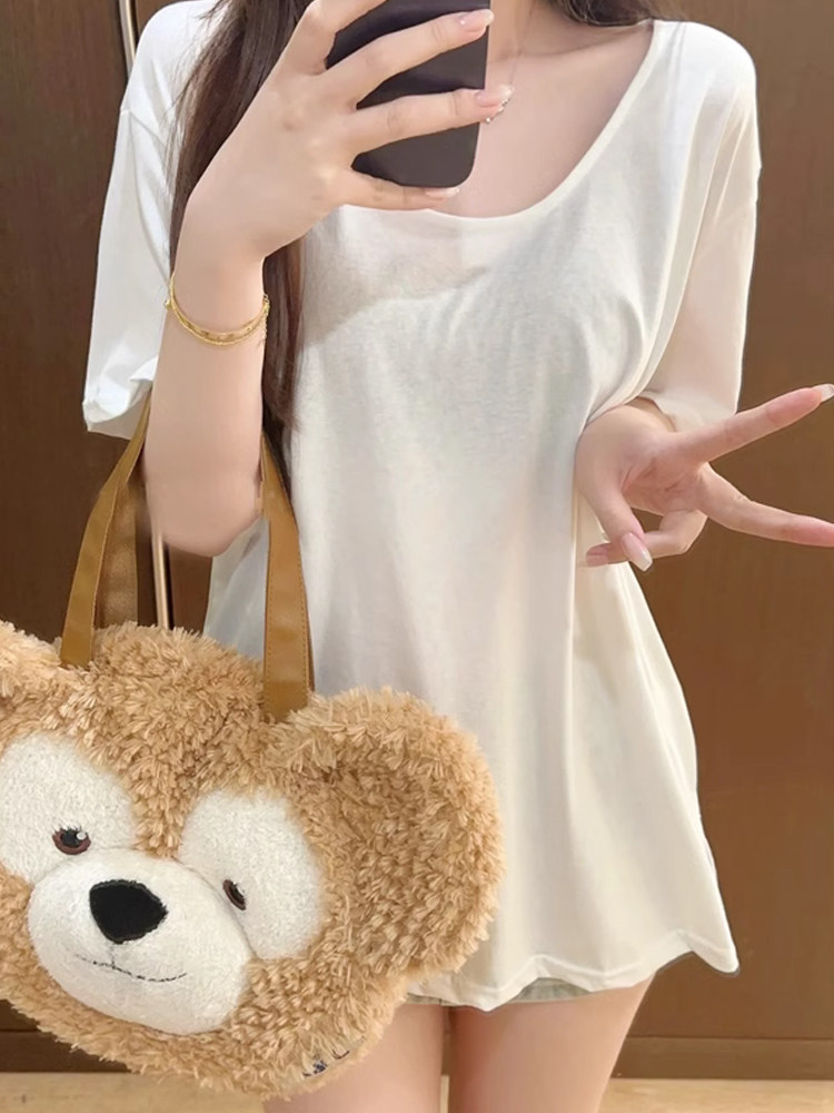 白色正肩短袖t恤女夏季2025新款半袖chic宽松U领甜辣妹中长款上衣