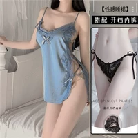 Зеленая и серая ночная рубашка + T-Pants + черное открытое нижнее белье