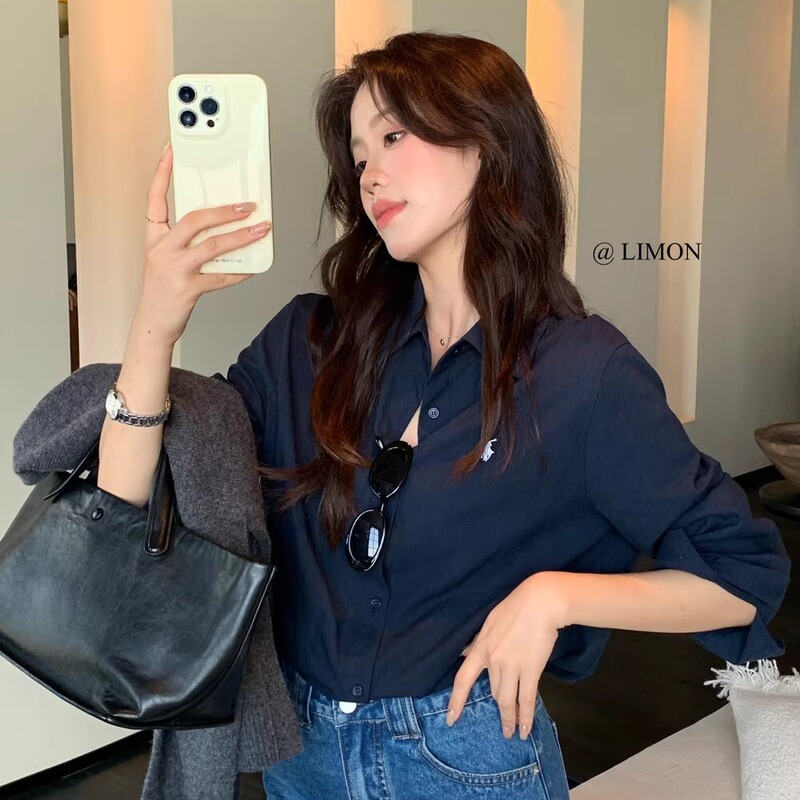Retro High-End Casual Women's Navy Blue Embroidered Shirt 2026 Early Autumn New Slimming Bottoming Cotton and Linen Shirt Retro High-End Casual Women's Navy Blue Embroidered Shirt 2026 Early Autumn New Slimming Bottoming Cotton and Linen Shirt