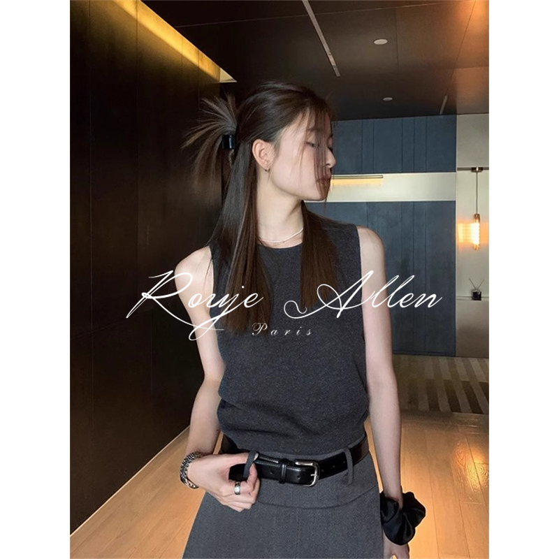 French Rouje Allen French-Style Ice Silk Gray Knitted Vest, New Style Outerwear Short Sleeveless Top