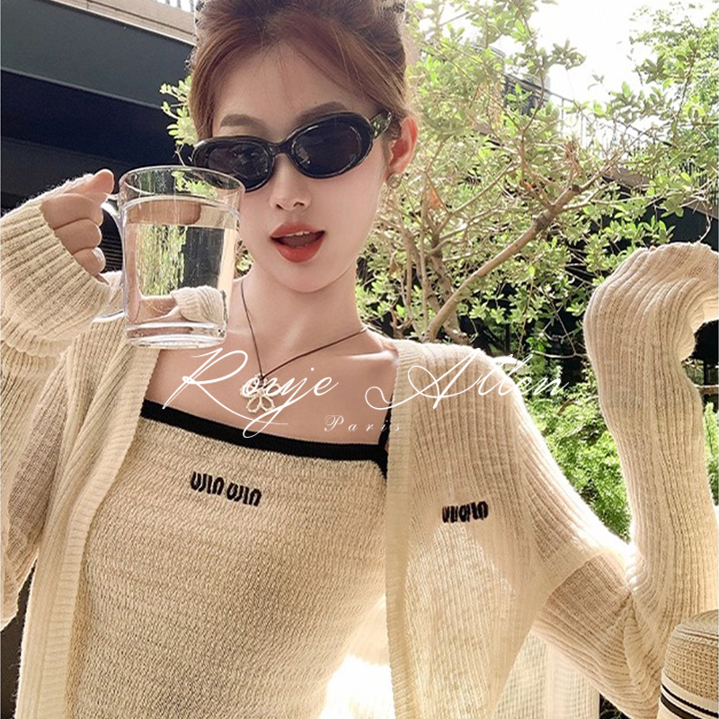 French Rouje Allen Ice Silk Cardigan Women's Short Blouse Summer Shawl Knitted Two-Piece Set Vest Top French Rouje Allen Ice Silk Cardigan Women's Short Blouse Summer Shawl Knitted Two-Piece Set Vest Top