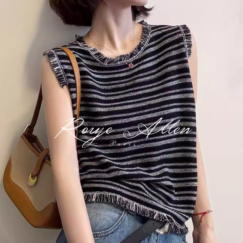 French Rouje Allen Spring and Summer New Style Tassel Fringed Striped Round Neck Sleeveless Knitted Vest Women's Top