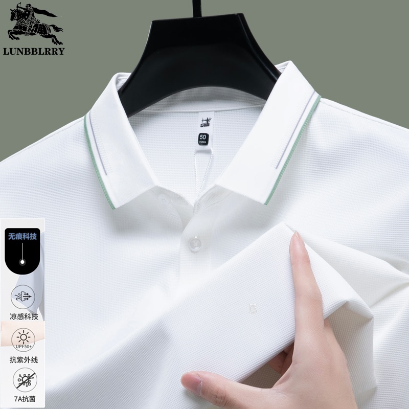 British Burberry Men's Short-Sleeved White T-Shirt 2026 New Summer Mulberry Silk Lapel Polo Shirt Top