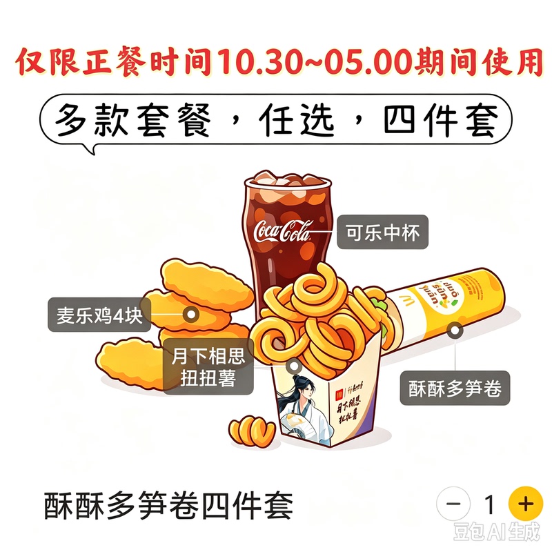 1 Mcdonald's Four-Piece Set: Crispy Bamboo Roll/Mcspicy Chicken Burger+Moonlight Love Twist Fries+Chicken Nuggets+Coke