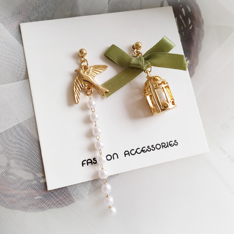 S925 silver forest earrings creative asymmetrical drop earrings bird cage pearl long version earrings without ear holes female 111