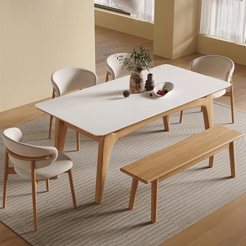 Delifon slate solid wood dining table bench Nordic log style ash home rectangular pure white cream dining table