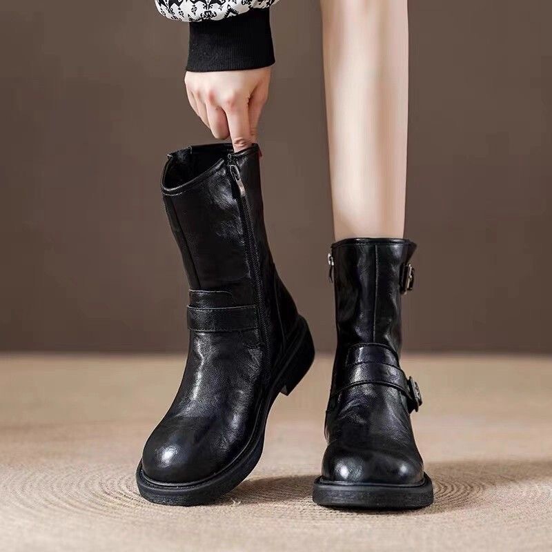 Thick-Soled Martin Boots for Women 2025 New Autumn British Style Single Boots Retro Flat-Soled Versatile Black Short Boots That Match with Skirts Thick-Soled Martin Boots for Women 2025 New Autumn British Style Single Boots Retro Flat-Soled Versatile Black Short Boots That Match with Skirts