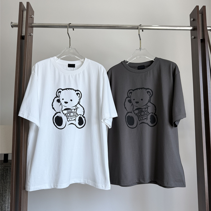 W Brand 2026 New Model Double-Sided Striped Teddy Bear Short-Sleeve Radio Bear Front and Back Printed Loose T-Shirt Tee