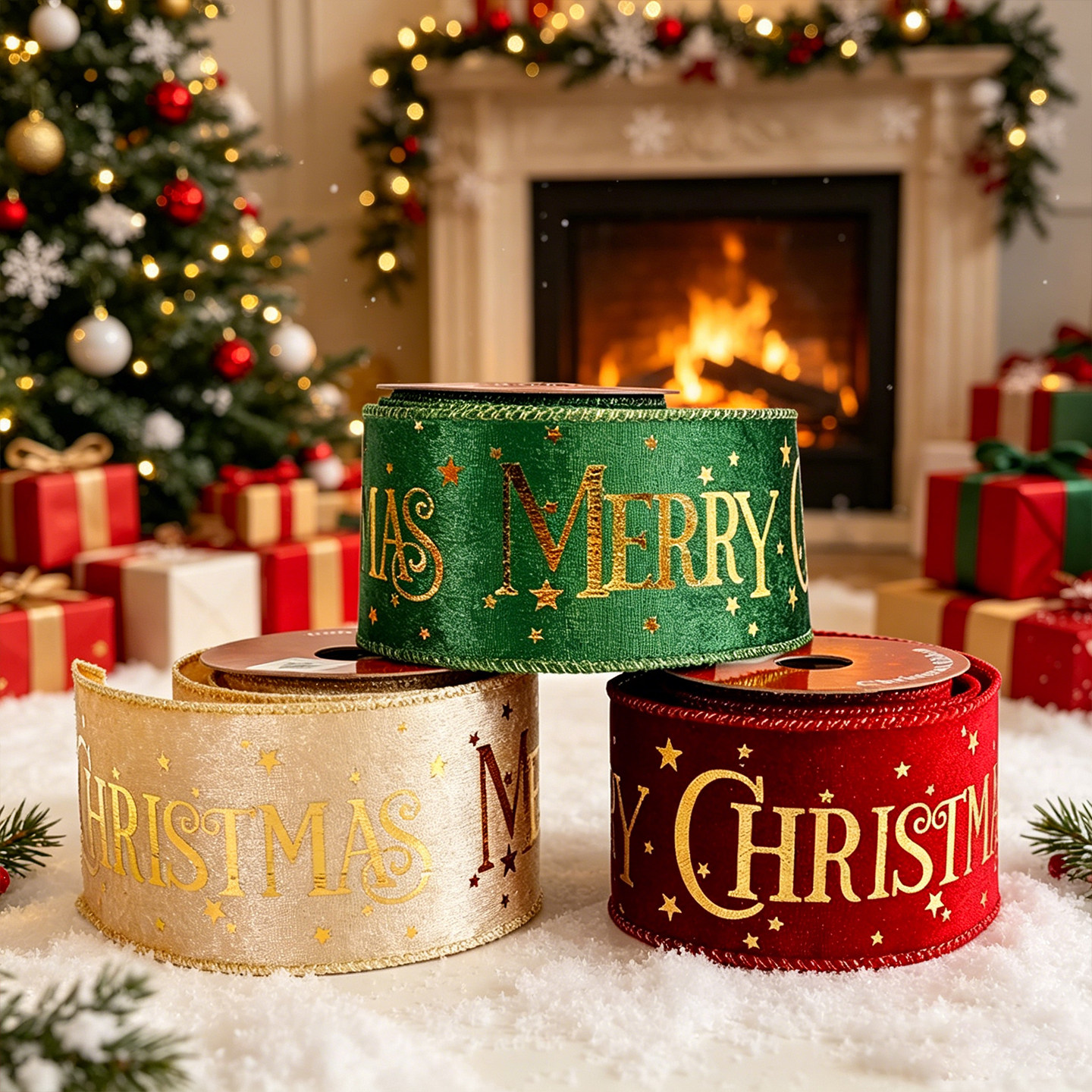 圣诞装饰丝带MERRY Christmas烫金字母包装带节日布置挂件用品