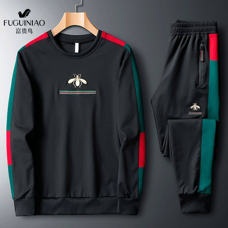Fuguiniao leisure suit men's embroidery sportswear spring Korean fashion round neck sweater sports suit two-piece set