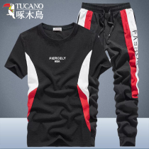 Woodpecker Summer Ice Silk Suit Mens Casual Breathable Two-piece Outdoor Short-sleeved T-shirt Sportswear Beamed Foot Mens Clothing