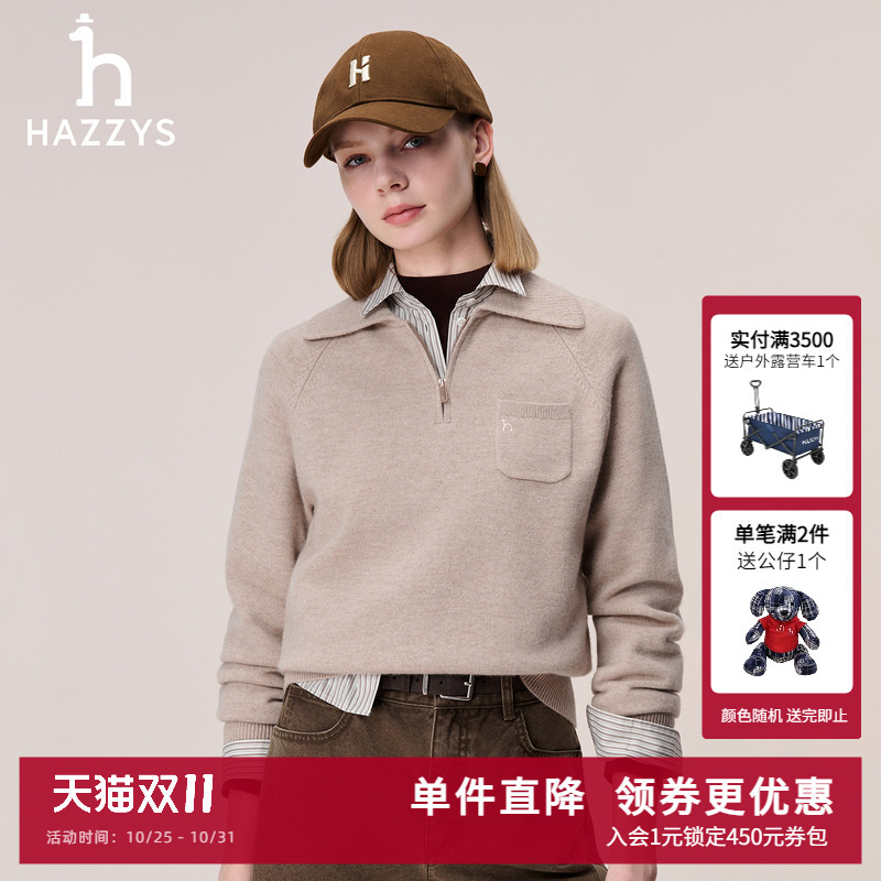 【100% Sheep Wool】Hazzys Women's Autumn and Winter Half-Zip Knit Sweater Casual Pullover Top Trendy