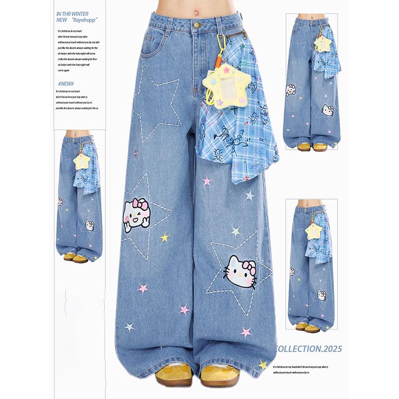 American-Style Star Kitten Embroidery Plaid Scarf Star Print Jeans Women's Autumn New Loose Wide-Leg Pants American-Style Star Kitten Embroidery Plaid Scarf Star Print Jeans Women's Autumn New Loose Wide-Leg Pants
