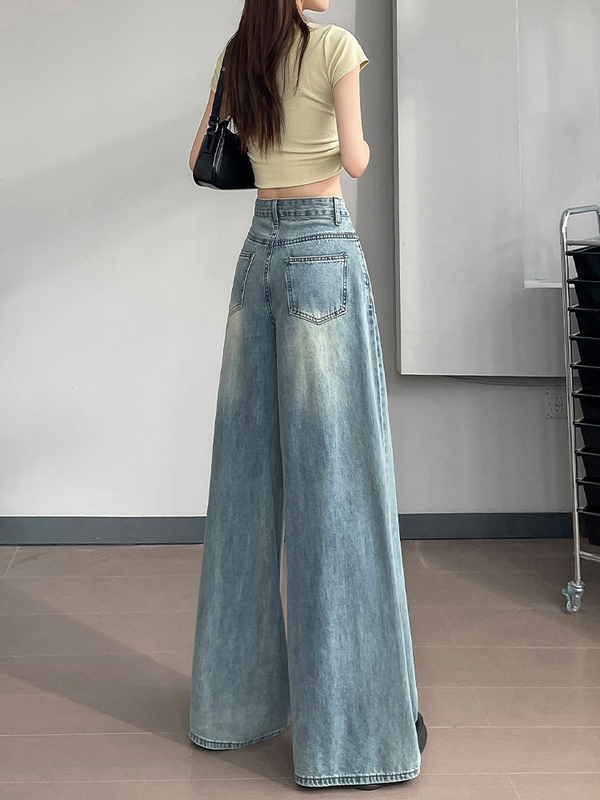 Light Blue Wide-Leg Jeans for Women, 2026 Autumn New Style, Plus Size, Loose Straight-Leg, High-Waisted, Drapey, Slimming, Floor-Length Pants