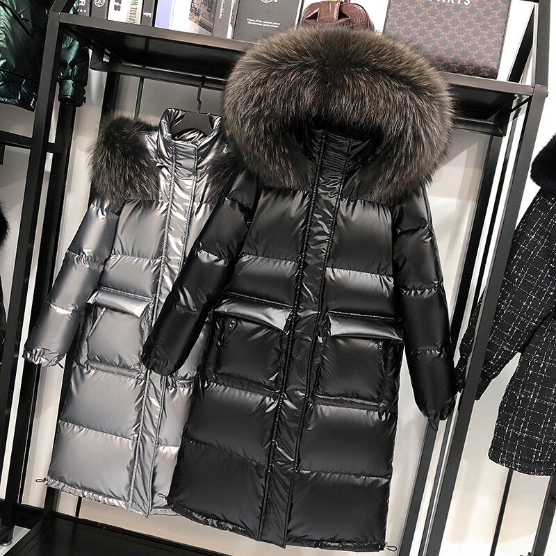 MRMW glossy wash-free mid-length down jacket women's 2022 winter new Korean style thickened large fur collar over-the-knee jacket - Taobao