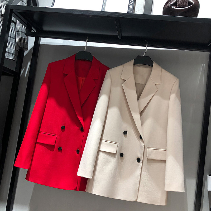 MRMW2022 spring new temperament suit collar Skinder slim fit woman pure color double-row buttoned suit jacket