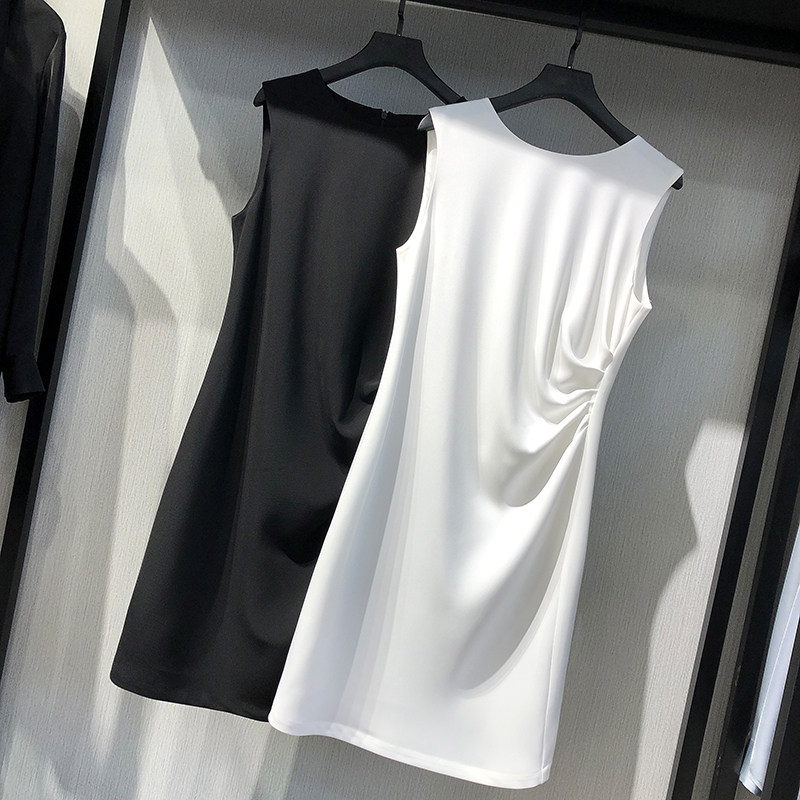 MRMW2022 summer new fashion sleeveless dress female loose temperament solid color mid-length pleated A-line skirt