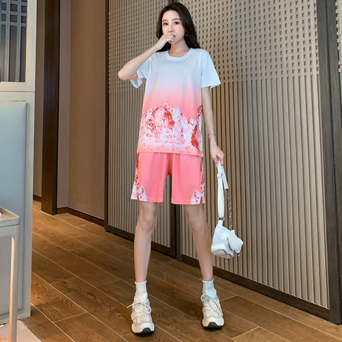 Шелковый быстросохнущий летний комплект, тонкий спортивный костюм для отдыха, в западном стиле, короткий рукав, для бега