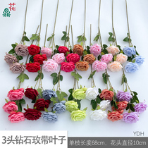 3-head diamond roses single-branch corner roses artificial flowers for wedding hotels high-end wedding flower arrangements artificial flowers