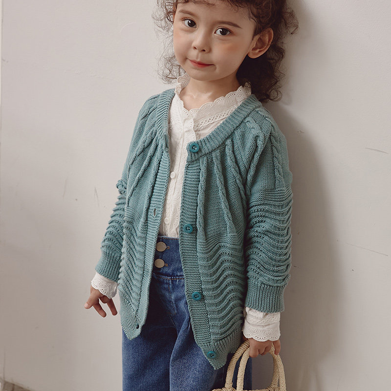 Girl jacket sweater children's clothing knitted blouse autumn winter cardiovert long sleeve round collar Korean version fashion 100 hitch pure cotton