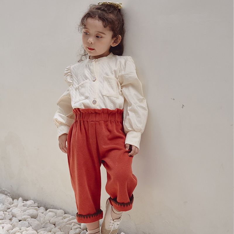 Children's clothing girls' trousers autumn and winter pants loose and casual cotton western style mid-waist Korean version all-match elastic belt