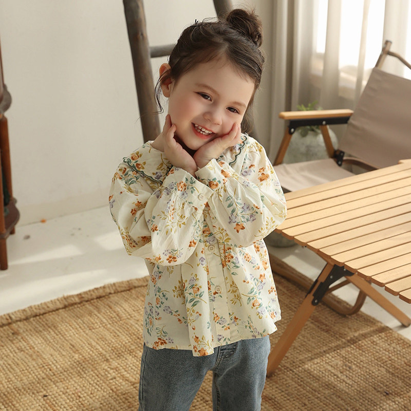 Retro girls' shirt cotton baby floral long-sleeved top children's casual shirt lapel T-shirt foreign style all-match