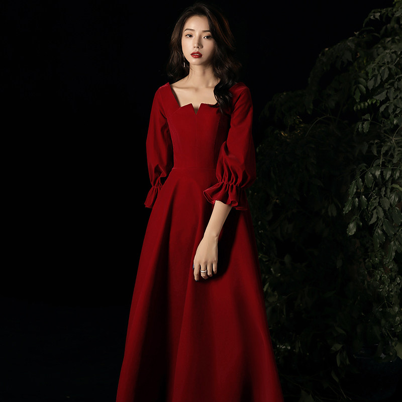 Toast bride 2022 new summer wine red back to the wedding dress dress long sleeves can be worn