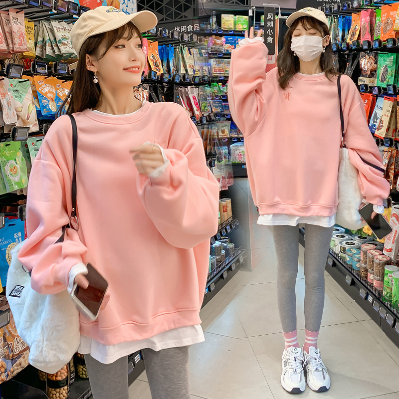 Pregnant women spring and autumn spring suit fashion style large size loose plug fake two suit jacket tops woman middle and long version